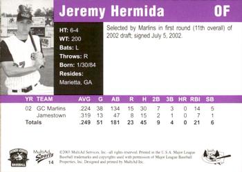 2003 MultiAd Greensboro Bats #14 Jeremy Hermida Back