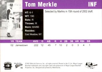 2003 MultiAd Greensboro Bats #16 Tom Merkle Back