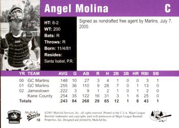 2003 MultiAd Greensboro Bats #18 Angel Molina Back