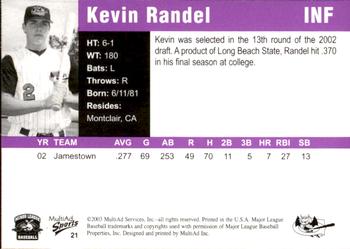 2003 MultiAd Greensboro Bats #21 Kevin Randel Back
