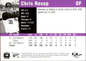 2003 MultiAd Greensboro Bats #22 Chris Resop Back
