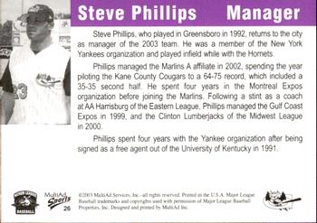 2003 MultiAd Greensboro Bats #26 Steve Phillips Back