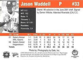 2003 MultiAd Hagerstown Suns #12 Jason Waddell Back