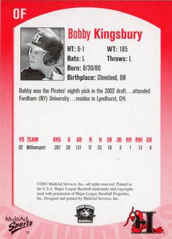 2003 MultiAd Hickory Crawdads #18 Bobby Kingsbury Back