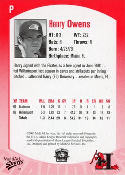 2003 MultiAd Hickory Crawdads #24 Henry Owens Back