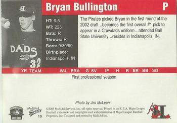 2003 MultiAd Hickory Crawdads Update #10 Bryan Bullington Back