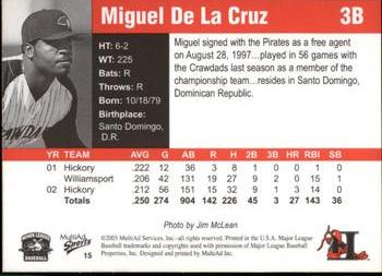 2003 MultiAd Hickory Crawdads Update #15 Miguel De La Cruz Back