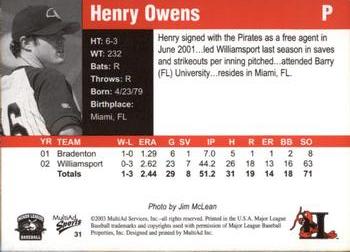 2003 MultiAd Hickory Crawdads Update #31 Henry Owens Back