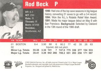 2003 MultiAd Iowa Cubs #1 Rod Beck Back