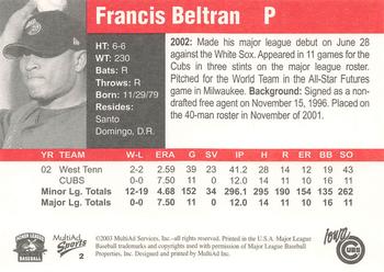 2003 MultiAd Iowa Cubs #2 Francis Beltran Back