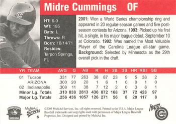 2003 MultiAd Iowa Cubs #5 Midre Cummings Back