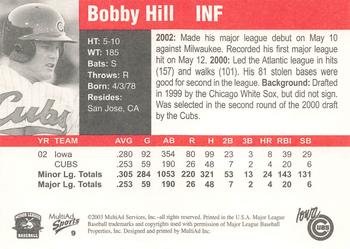 2003 MultiAd Iowa Cubs #9 Bobby Hill Back