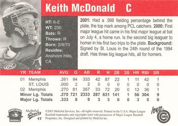 2003 MultiAd Iowa Cubs #17 Keith McDonald Back