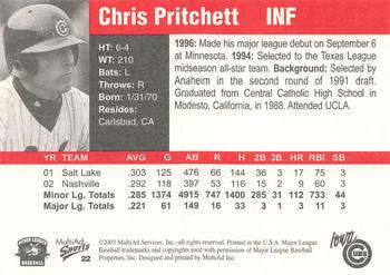 2003 MultiAd Iowa Cubs #22 Chris Pritchett Back