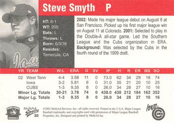 2003 MultiAd Iowa Cubs #23 Steve Smyth Back