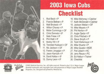 2003 MultiAd Iowa Cubs #30 Top Prospects (David Kelton / Francis Beltran / Nic Jackson) Back