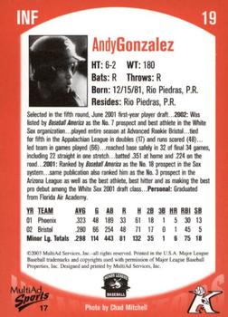 2003 MultiAd Kannapolis Intimidators #17 Andy Gonzalez Back