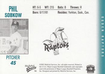 2003 MultiAd Ogden Raptors #14 Phil Sobkow Back