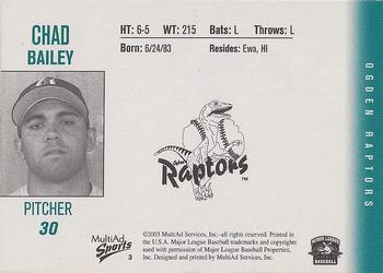 2003 MultiAd Ogden Raptors #3 Chad Bailey Back
