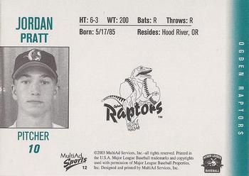 2003 MultiAd Ogden Raptors #12 Jordan Pratt Back