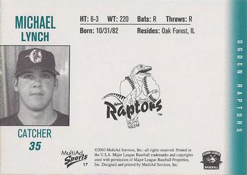 2003 MultiAd Ogden Raptors #17 Michael Lynch Back