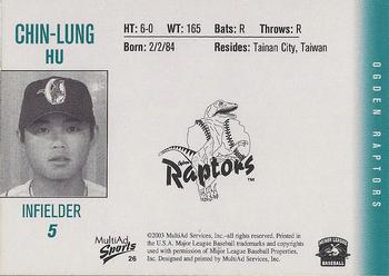 2003 MultiAd Ogden Raptors #26 Chin-Lung Hu Back