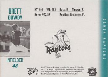 2003 MultiAd Ogden Raptors #24 Brett Dowdy Back
