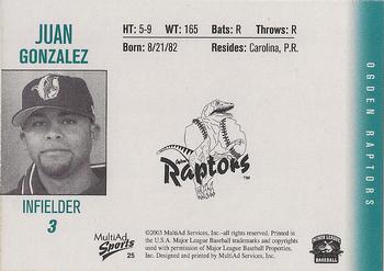 2003 MultiAd Ogden Raptors #25 Juan Gonzalez Back