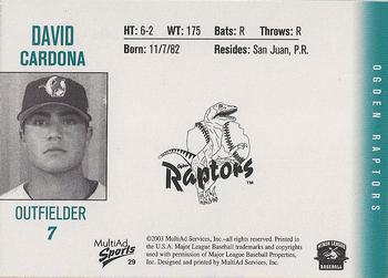 2003 MultiAd Ogden Raptors #29 David Cardona Back