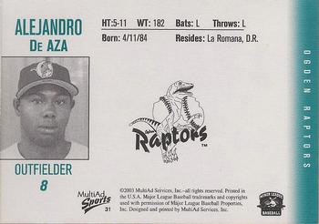 2003 MultiAd Ogden Raptors #31 Alejandro De Aza Back