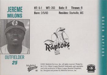 2003 MultiAd Ogden Raptors #32 Jereme Milons Back