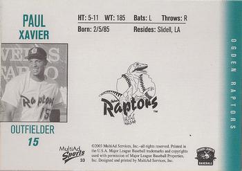2003 MultiAd Ogden Raptors #33 Xavier Paul Back
