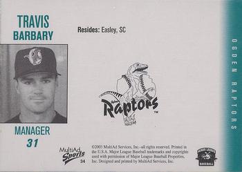 2003 MultiAd Ogden Raptors #34 Travis Barbary Back