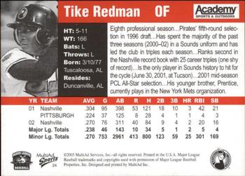 2003 MultiAd Nashville Sounds #24 Tike Redman Back