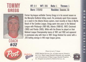 2003 MultiAd Memphis Redbirds #3 Tommy Gregg Back