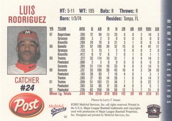 2003 MultiAd Memphis Redbirds #22 Luis Rodriguez Back