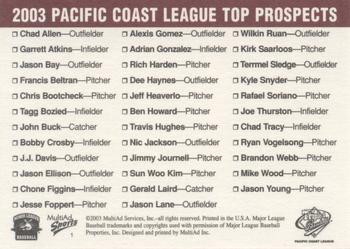 2003 MultiAd Pacific Coast League Top Prospects #1 Checklist Back