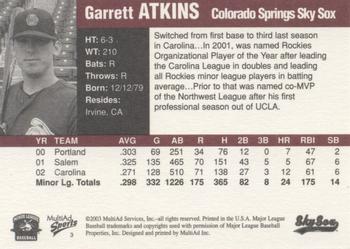 2003 MultiAd Pacific Coast League Top Prospects #3 Garrett Atkins Back