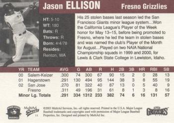 2003 MultiAd Pacific Coast League Top Prospects #11 Jason Ellison Back
