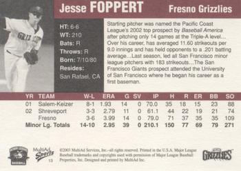 2003 MultiAd Pacific Coast League Top Prospects #13 Jesse Foppert Back