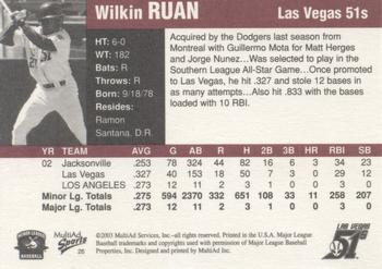 2003 MultiAd Pacific Coast League Top Prospects #26 Wilkin Ruan Back
