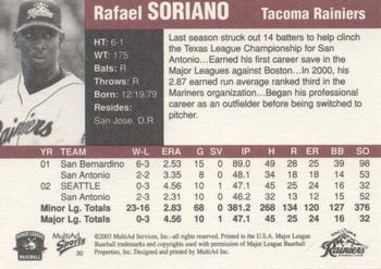 2003 MultiAd Pacific Coast League Top Prospects #30 Rafael Soriano Back
