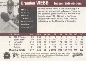 2003 MultiAd Pacific Coast League Top Prospects #34 Brandon Webb Back