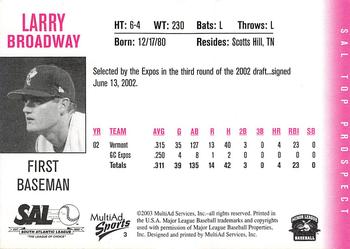 2003 MultiAd South Atlantic League Top Prospects #3 Larry Broadway Back