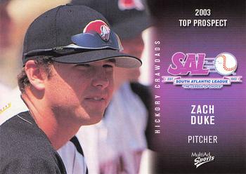 2003 MultiAd South Atlantic League Top Prospects #9 Zach Duke Front