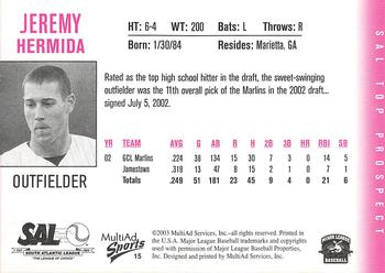 2003 MultiAd South Atlantic League Top Prospects #15 Jeremy Hermida Back