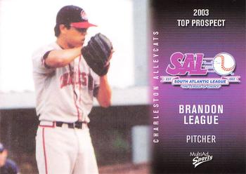 2003 MultiAd South Atlantic League Top Prospects #18 Brandon League Front