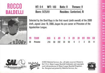 2003 MultiAd South Atlantic League Top Prospects #31 Rocco Baldelli Back