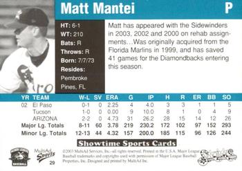 2003 MultiAd Tucson Sidewinders #29 Matt Mantei Back