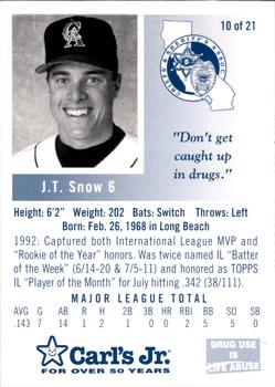 1993 California Angels Police #10 J.T. Snow Back